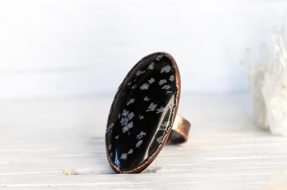 Snowflake Obsidian Ring - Size 8 1/2 - Obsidian Ring - Electroformed Ring - Gift For Her - Large Crystal Ring