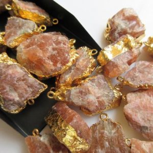 Shop Sunstone Chip & Nugget Beads! Rough Sunstone Connectors, Raw Gemstone Connectors, Sunstone Crystal, Electroplated Connector, 5 Pieces, 20mm To 28mm | Natural genuine chip Sunstone beads for beading and jewelry making.  #jewelry #beads #beadedjewelry #diyjewelry #jewelrymaking #beadstore #beading #affiliate #ad