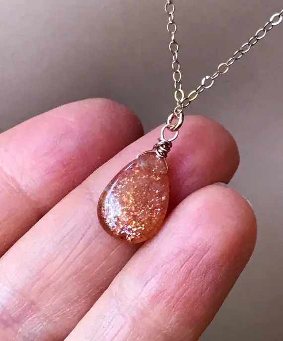 Natural Sunstone Pendant 14k Gold Fill Necklace, Orange Stone Jewelry, Genuine Sunstone Drop, Wire Wrapped Teardrop.