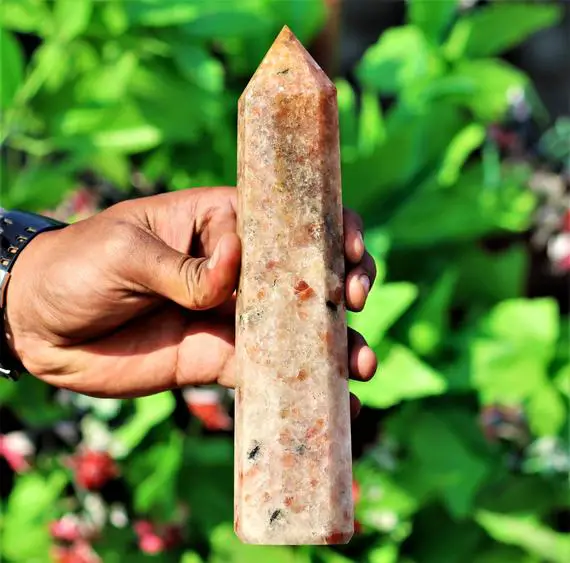 Oregon Sunstone Heliolite Healing Gemstone - 225mm 8 Faceted Obelisk, Chakra Meditation Tool, Witchcraft Energy Crystal, Metaphysical Gift