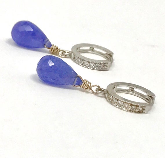 Blue Purple Tanzanite Sterling Silver Earrings.  Periwinkle Pave Lever Backs.  Tanzanite Dangles Drops.  Natural Stones