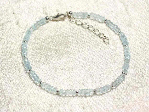 Bracelet Argent 925 Et Pierre Topaze Bleu Ciel Turquoise Rondelles Facettées 2-3mm