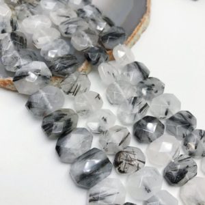 Black Tourmalinated Quartz Rectangle Faceted Octagon Beads 10x14mm 15.5" Strand | Natural genuine beads Tourmalinated Quartz beads for beading and jewelry making.  #jewelry #beads #beadedjewelry #diyjewelry #jewelrymaking #beadstore #beading #affiliate #ad