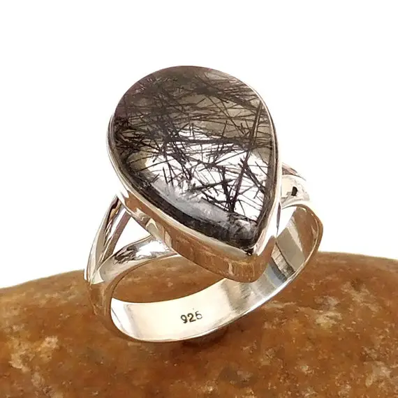 Black Rutile Ring, Tourmalated Quartz Ring, Split Band Ring, Women's Ring, Handmade Ring, Wedding Ring, Statement Ring, Girl's Ring, Pear