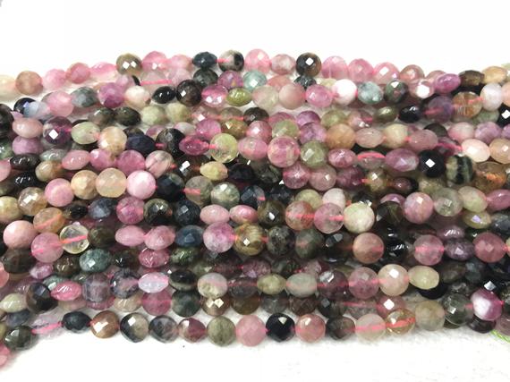 Faceted Multicolour Tourmaline 6.5mm Flat Round Cut Grade A Natural Coin Loose Beads 15 Inch Jewelry Bracelet Necklace Material Supply
