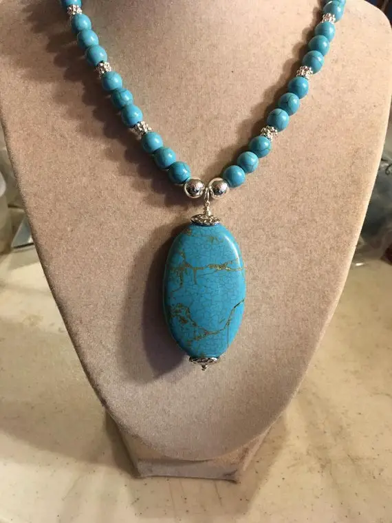 Turquoise Necklace - Pendant Jewelry - Sterling Silver - Long - Statement - Gemstone Jewellery - Fashion -trendy - Beaded
