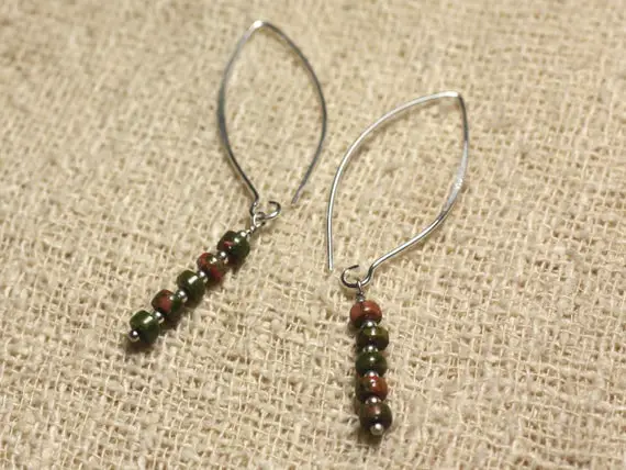 Boucles Oreilles Argent 925 Crochets 40mm - Unakite Rondelles 4x2mm
