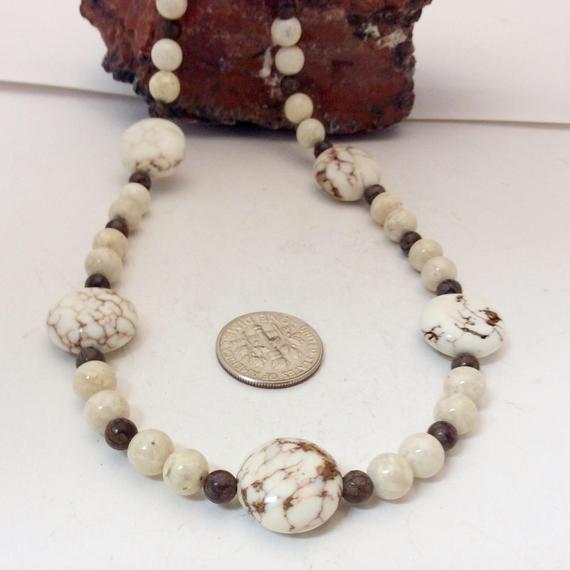 White Magnesite And Jasper Beaded Necklace, Brown White Stone