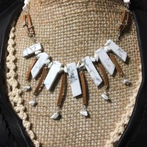 Shop Magnesite Necklaces! White Magnesite Gemstone Spike and Leather Statement Necklace | Natural genuine Magnesite necklaces. Buy crystal jewelry, handmade handcrafted artisan jewelry for women.  Unique handmade gift ideas. #jewelry #beadednecklaces #beadedjewelry #gift #shopping #handmadejewelry #fashion #style #product #necklaces #affiliate #ad