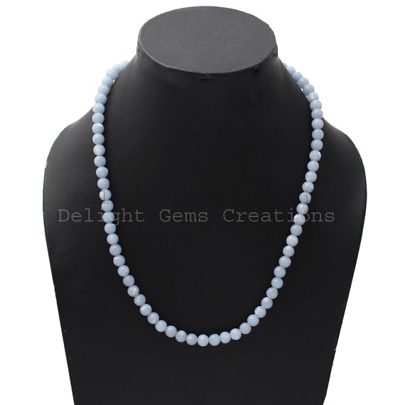 6mm Angelite Beaded Necklace, Natural Angelite Smooth Round Beads Necklace, 18.5" Angelite Stone Necklace, Aaa  Angelite Blue Bead Necklace