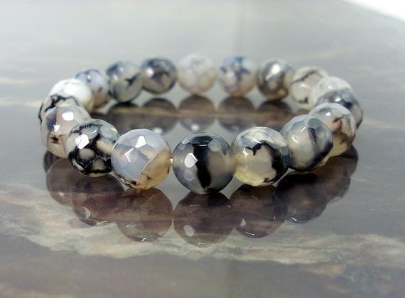 Dragon Veins Agate  Bracelet 8 Mm Faceted Beads, Natural Gemstone Bracelet,  Women Men Beaded Bracelet +gift Bag