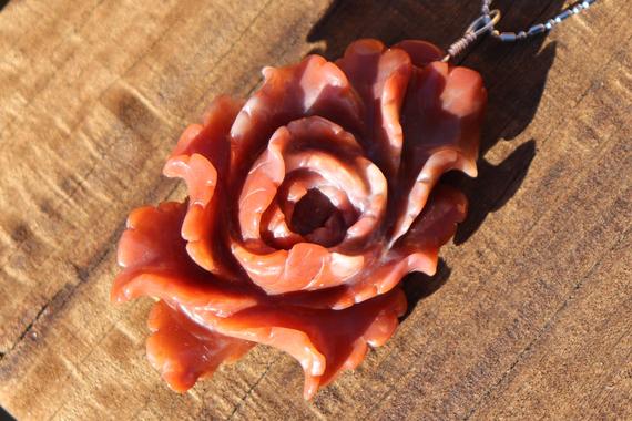 Hand Carved Red Agate Peony Healing Stone Necklace With Positive Healing Energy!