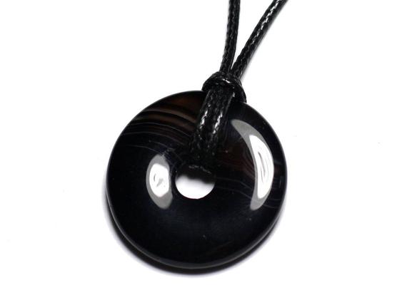 Necklace Pendant Semi Precious Stone - Agate Donut Pi 30mm Black