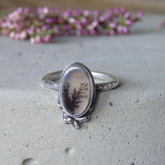 Custom Dendritic Agate Ring, Botanical Scenic Agate, Unique Artisan Sterling Silver Ring, Agate Jewelry, Plant Ring