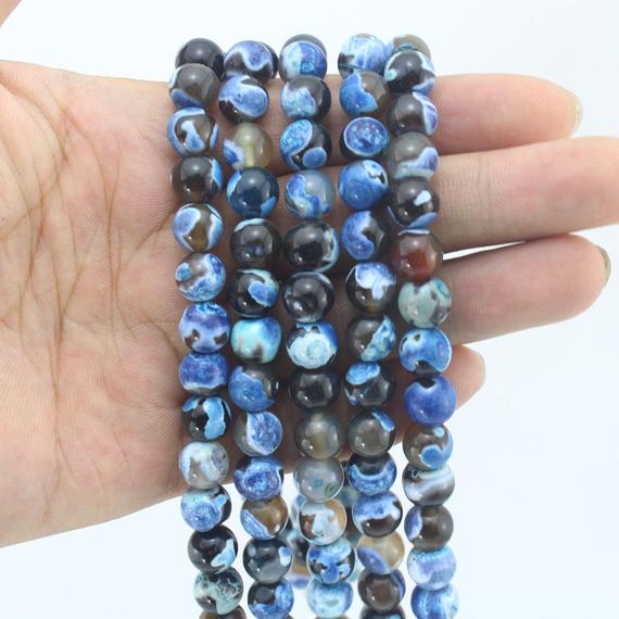 4-12mm Mixed Colors Blue Black Agate Beads, Round Fire Agate Beads, Smooth Loose Strand, Wholesale Beads For Diy Bracelet--15inches--stn0059