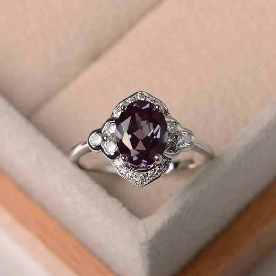 Alexandrite Engagement Ring, Oval Cut, Color Changing Gemstone Ring ,sterling Silver, June Birthstone