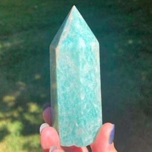 Shop Amazonite Points & Wands! 4" Amazonite Point  Vibrant Shimmery Blue Green Feldspar Tower #4 | Natural genuine stones & crystals in various shapes & sizes. Buy raw cut, tumbled, or polished gemstones for making jewelry or crystal healing energy vibration raising reiki stones. #crystals #gemstones #crystalhealing #crystalsandgemstones #energyhealing #affiliate #ad