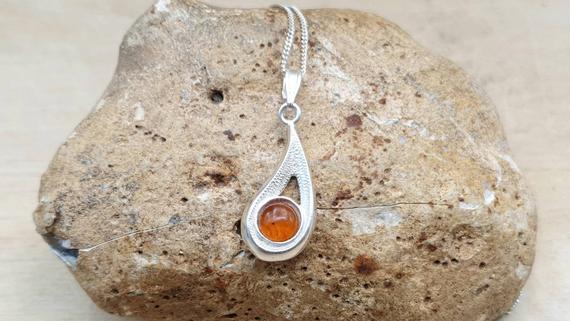 Small Teardrop Copal Pendant Necklace. 6mm Orange Gemstone. Simple Minimalist Jewellery. 925 Sterling Silver Necklaces For Women.