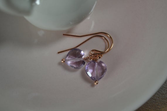 Delicate Pink Amethyst Heart Earrings In 14k Gold, Sterling Silver // Valentine's Day Jewelry // Dainty Amethyst // Girl's Birthday Jewelry