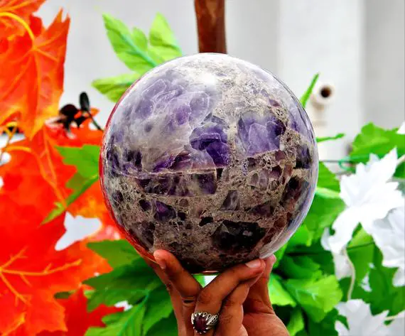 Amethyst Cacoxenite Crystal Sphere 150mm Metaphysical Healing Spiritual Awakening Witchcraft Energy Gift Anxiety Soothe Meditation Tool