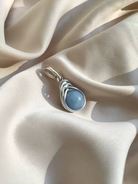Angelite Wire Wrapped Pendant, Sterling Silver Bail Pendant, Witchy Women Pendant, Boho Blue Stone Indie Necklace, Fairy Elven Charm Gift