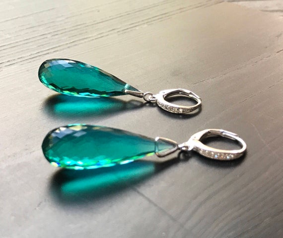 Long Sterling Silver Leverbacks Pave Green Apatite Stones Earrings. Statement Jewelry. Gemstone