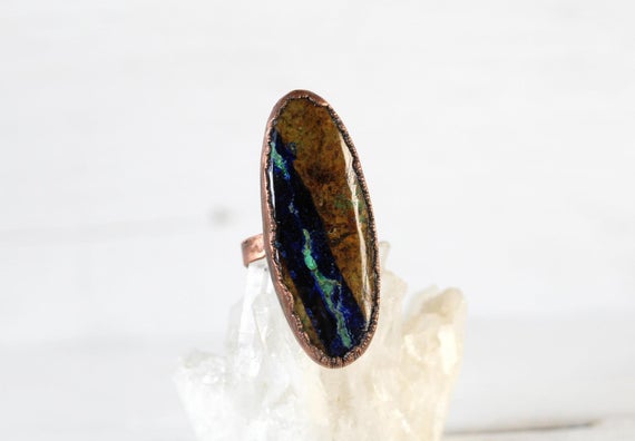 Azurite Malachite Ring - Size 6 1/2 - Natural Stone Ring - Mineral Ring - Oval Copper Ring