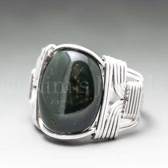 Bloodstone Heliotrope Sterling Silver Wire Wrapped Gemstone Cabochon Ring - Optional Oxidation/antiquing - Made To Order, Ships Fast!