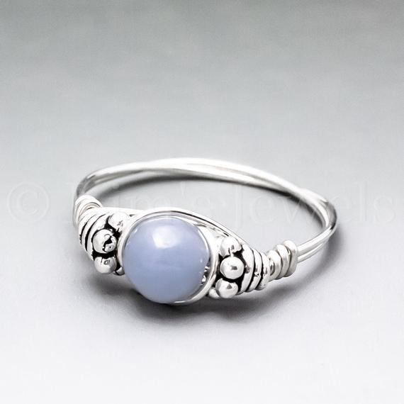 Blue Angelite Bali Sterling Silver Wire Wrapped Gemstone Bead Ring - Made To Order, Ships Fast!