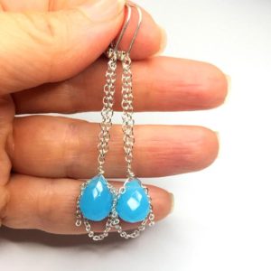 Blue Chalcedony earrings. Neon blue dangles. Wire Wrapped.  Sterling Silver.  Everyday jewelry. Bridesmaids jewelry. Chain Earrings | Natural genuine Gemstone earrings. Buy crystal jewelry, handmade handcrafted artisan jewelry for women.  Unique handmade gift ideas. #jewelry #beadedearrings #beadedjewelry #gift #shopping #handmadejewelry #fashion #style #product #earrings #affiliate #ad