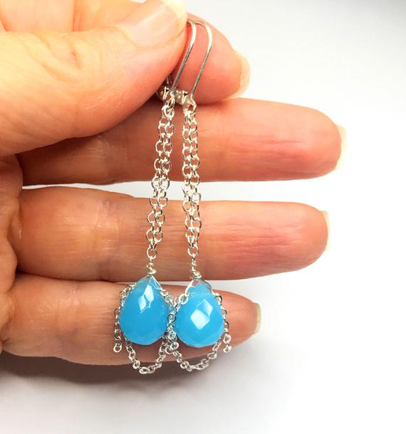 Blue Chalcedony Earrings. Neon Blue Dangles. Wire Wrapped.  Sterling Silver.  Everyday Jewelry. Bridesmaids Jewelry. Chain Earrings