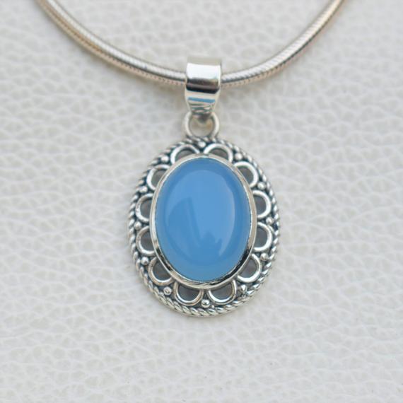 Natural Blue Chalcedony Pendant-oval Chalcedony Pendant-gift For Her-handmade Pendant-925 Sterling Silver-sagittarius Birthstone Pendant