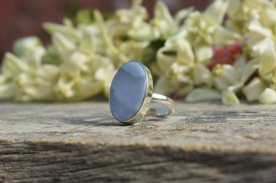 Handmade Blue Lace Agate Ring, 925 Sterling Silver Ring, Oval Gemstone Ring, Simple Band Ring, Blue Gemstone Ring, Gift For Mom Sis