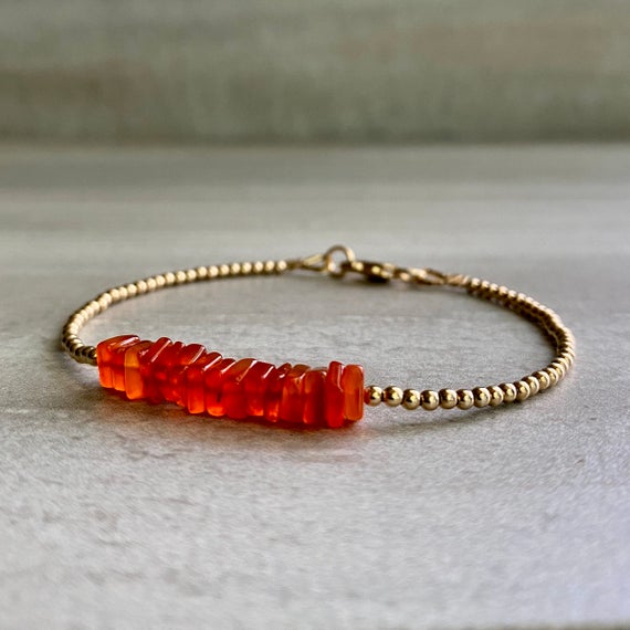 Carnelian Bracelet | Dainty Delicate Stone Bracelet | Sterling Silver Or Gold Tiny Beads | Red Orange Square Gemstones