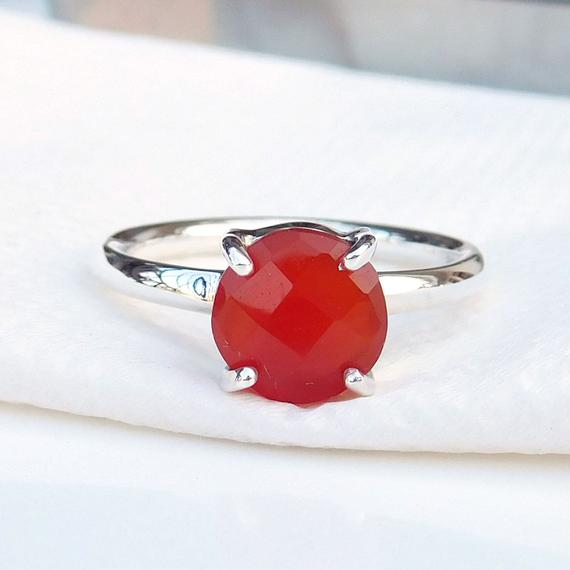 Dark Orange Carnelian Ring, 925 Sterling Silver Ring, Round Gemstone Ring, Simple Band Ring, Can Be Personalized, Statement Ring, Sale, Gift