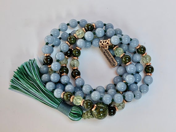 Celestial Anhydrite Angelite Knotted Necklace Serpentine Prehnite Stone Mala Bead Angels Stone Healing Crystals Protection Crystals Jewelry