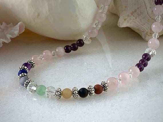 Chakra Bead Necklace, Beaded Necklace, Gemstone Jewelry, Rose Quartz, Amethyst, Woman's Jewelry, Healing Stone Necklace