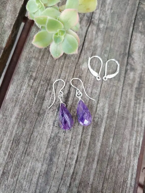 Dainty Charoite Earrings. Avail In Sterling Silver, Gold Filled Or Rose Gold