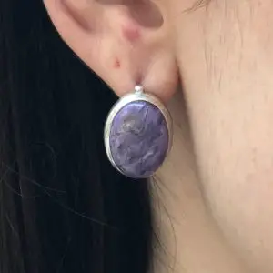 Shop Charoite Earrings! Large Oval Earrings, Charoite Earrings, Heavy Studs, Gemini Birthstone, Purple Earrings, Large Studs, Retro Earrings, Solid Silver Earrings | Natural genuine Charoite earrings. Buy crystal jewelry, handmade handcrafted artisan jewelry for women.  Unique handmade gift ideas. #jewelry #beadedearrings #beadedjewelry #gift #shopping #handmadejewelry #fashion #style #product #earrings #affiliate #ad