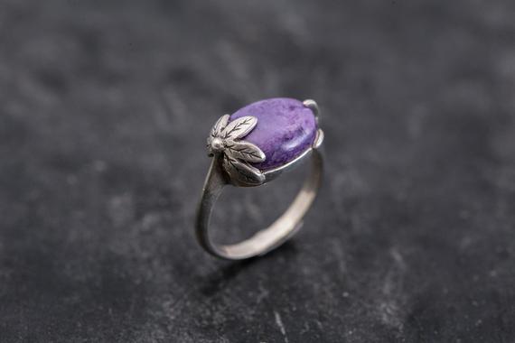 Leaf Ring, Charoite Ring, Purple Charoite Ring, Natural Charoite, Purple Ring, Vintage Ring, Scorpio Birthstone, Solid Silver Ring, Charoite