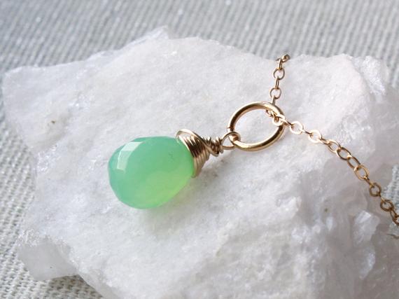 Chrysoprase Pendant Necklace, Gold Filled Wire Wrapped Mint Green Gemstone Dainty Charm, May Birthstone Mother's Day Gift For Her Women 4474