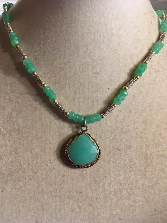 Chrysoprase Necklace - Green Gemstone Jewellery - Gold And Sterling Silver  Jewelry - Beaded - Pendant