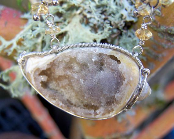 Fossil Shell Druzy, Sterling Silver Wrap, Citrine Rondelle Necklace