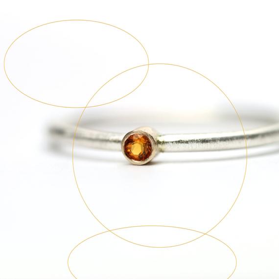 Minimalistic Golden Citrine Silver 14k Yellow Gold Ring Cute Delicate Stackable Summer Orange Sun Glow Gift Idea November Birthstone - Micro