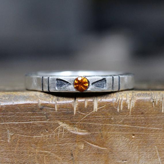 Tribal Orange Citrine Arrow Silver Ring Geometric Rustic November Birthstone Gift Idea Stackable Band Boho Arizona Design - Banded Southwest