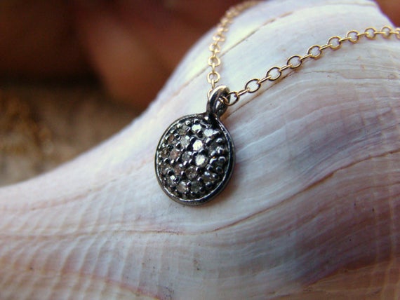 Raw Gray Diamond Pave Disk Pendant Necklace, Gold, Tarnished Sterling Silver, Minimalist Modern Jewelry - April Birthstone