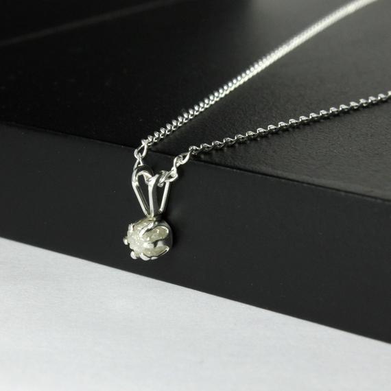 4mm White Rough Diamond Necklace On Sterling Silver - Natural Conflict Free Diamond - Raw Rough Diamond Pendant - April Birthstone