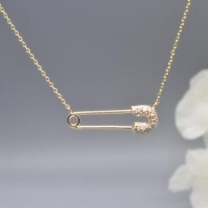 Shop Diamond Pendants! SAFETY PIN GOLD necklace, Diamond paperclip necklace, Solid 14kt Gold, Layering necklace, Fine Jewelry, Dainty necklace, Safety pin pendant | Natural genuine Diamond pendants. Buy crystal jewelry, handmade handcrafted artisan jewelry for women.  Unique handmade gift ideas. #jewelry #beadedpendants #beadedjewelry #gift #shopping #handmadejewelry #fashion #style #product #pendants #affiliate #ad
