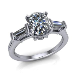 1-carat Oval Diamond Engagement Ring With Side Stones And Patterned Band