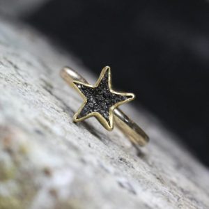 Raw Black Diamond Star Engagement Ring Delicate 14k and 22k Yellow Gold Zen Romantic Wish Upon A Star Fairy Tale Love Design – Petite Étoile | Natural genuine Array rings, simple unique alternative gemstone engagement rings. #rings #jewelry #bridal #wedding #jewelryaccessories #engagementrings #weddingideas #affiliate #ad
